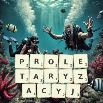 Kreatywna ilustracja do gry w Scrabble ze słowem PROLETARYZACYJ ułożonym z płytek na planszy.