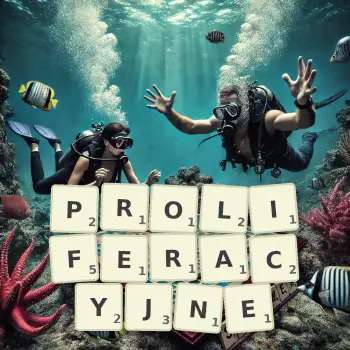 Kreatywna ilustracja do gry w Scrabble ze słowem PROLIFERACYJNE ułożonym z płytek na planszy.