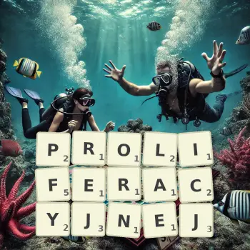 Kreatywna ilustracja do gry w Scrabble ze słowem PROLIFERACYJNEJ ułożonym z płytek na planszy.
