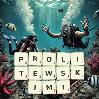 Kreatywna ilustracja do gry w Scrabble ze słowem PROLITEWSKIMI ułożonym z płytek na planszy.
