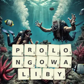 Kreatywna ilustracja do gry w Scrabble ze słowem PROLONGOWALIBY ułożonym z płytek na planszy.