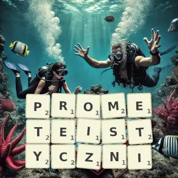 Kreatywna ilustracja do gry w Scrabble ze słowem PROMETEISTYCZNI ułożonym z płytek na planszy.