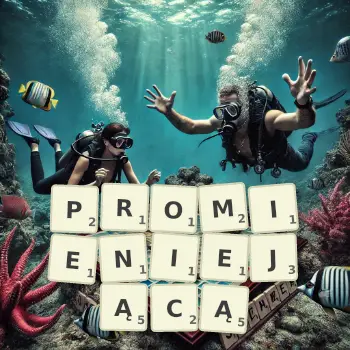 Kreatywna ilustracja do gry w Scrabble ze słowem PROMIENIEJĄCĄ ułożonym z płytek na planszy.