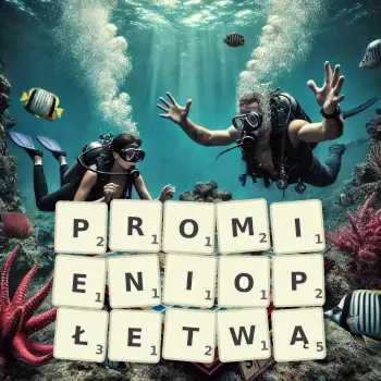 Kreatywna ilustracja do gry w Scrabble ze słowem PROMIENIOPŁETWĄ ułożonym z płytek na planszy.