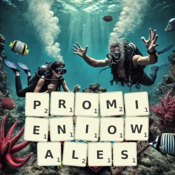 Kreatywna ilustracja do gry w Scrabble ze słowem PROMIENIOWALES ułożonym z płytek na planszy.