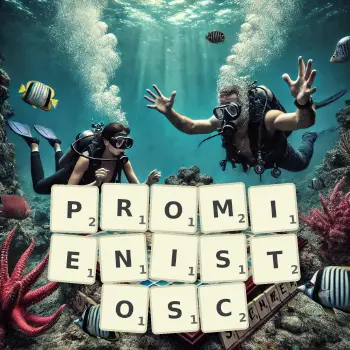 Kreatywna ilustracja do gry w Scrabble ze słowem PROMIENISTOSC ułożonym z płytek na planszy.