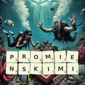 Kreatywna ilustracja do gry w Scrabble ze słowem PROMIEŃSKIMI ułożonym z płytek na planszy.