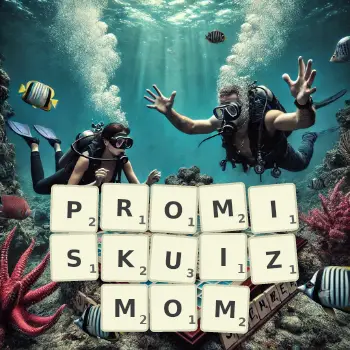 Kreatywna ilustracja do gry w Scrabble ze słowem PROMISKUIZMOM ułożonym z płytek na planszy.