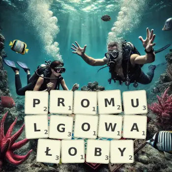 Kreatywna ilustracja do gry w Scrabble ze słowem PROMULGOWAŁOBY ułożonym z płytek na planszy.