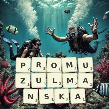 Kreatywna ilustracja do gry w Scrabble ze słowem PROMUZULMANSKA ułożonym z płytek na planszy.