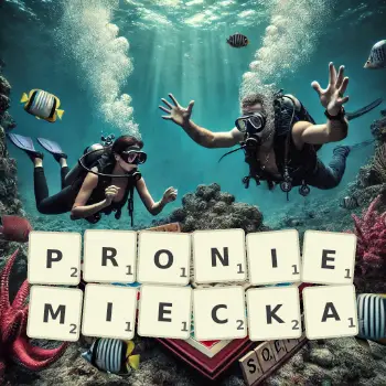 Kreatywna ilustracja do gry w Scrabble ze słowem PRONIEMIECKA ułożonym z płytek na planszy.