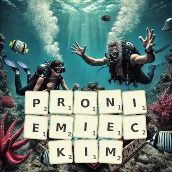 Kreatywna ilustracja do gry w Scrabble ze słowem PRONIEMIECKIM ułożonym z płytek na planszy.