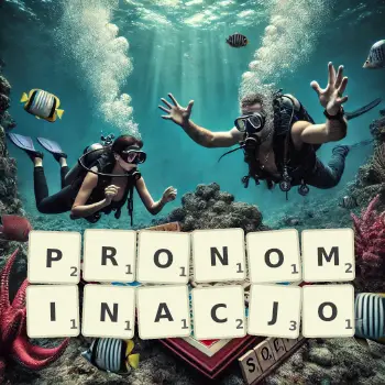 Kreatywna ilustracja do gry w Scrabble ze słowem PRONOMINACJO ułożonym z płytek na planszy.