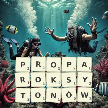 Kreatywna ilustracja do gry w Scrabble ze słowem PROPAROKSYTONÓW ułożonym z płytek na planszy.