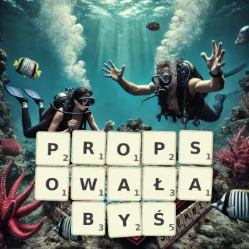 Kreatywna ilustracja do gry w Scrabble ze słowem PROPSOWAŁABYŚ ułożonym z płytek na planszy.