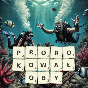 Kreatywna ilustracja do gry w Scrabble ze słowem PROROKOWAŁOBY ułożonym z płytek na planszy.