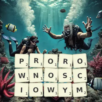 Kreatywna ilustracja do gry w Scrabble ze słowem PROROWNOSCIOWYM ułożonym z płytek na planszy.