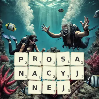 Kreatywna ilustracja do gry w Scrabble ze słowem PROSANACYJNEJ ułożonym z płytek na planszy.