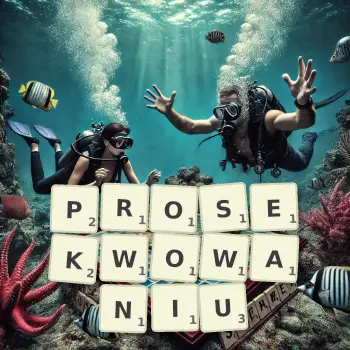 Kreatywna ilustracja do gry w Scrabble ze słowem PROSEKWOWANIU ułożonym z płytek na planszy.