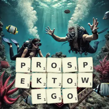 Kreatywna ilustracja do gry w Scrabble ze słowem PROSPEKTOWEGO ułożonym z płytek na planszy.