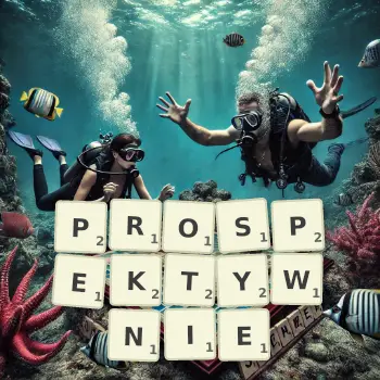 Kreatywna ilustracja do gry w Scrabble ze słowem PROSPEKTYWNIE ułożonym z płytek na planszy.
