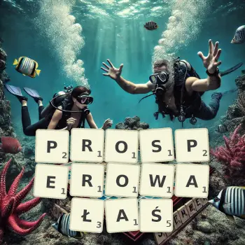 Kreatywna ilustracja do gry w Scrabble ze słowem PROSPEROWAŁAŚ ułożonym z płytek na planszy.