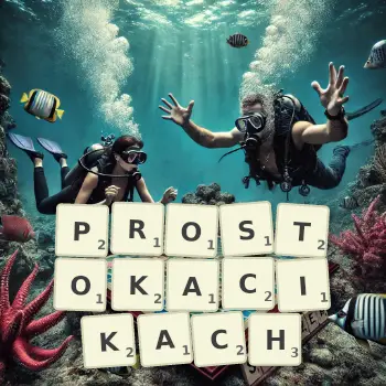 Kreatywna ilustracja do gry w Scrabble ze słowem PROSTOKACIKACH ułożonym z płytek na planszy.