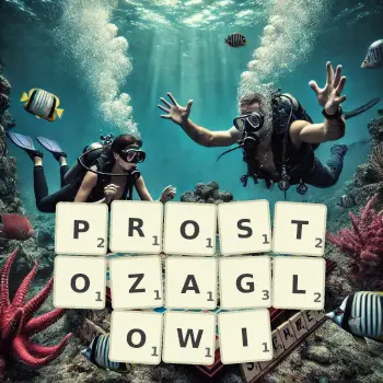 Kreatywna ilustracja do gry w Scrabble ze słowem PROSTOZAGLOWI ułożonym z płytek na planszy.