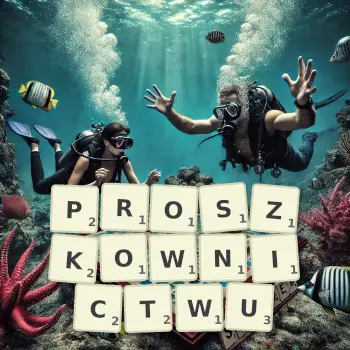 Kreatywna ilustracja do gry w Scrabble ze słowem PROSZKOWNICTWU ułożonym z płytek na planszy.