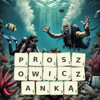 Kreatywna ilustracja do gry w Scrabble ze słowem PROSZOWICZANKĄ ułożonym z płytek na planszy.