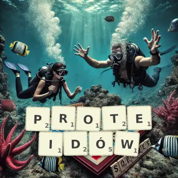 Kreatywna ilustracja do gry w Scrabble ze słowem PROTEIDÓW ułożonym z płytek na planszy.