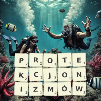 Kreatywna ilustracja do gry w Scrabble ze słowem PROTEKCJONIZMÓW ułożonym z płytek na planszy.