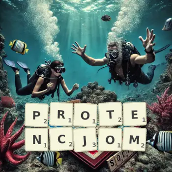 Kreatywna ilustracja do gry w Scrabble ze słowem PROTENCJOM ułożonym z płytek na planszy.