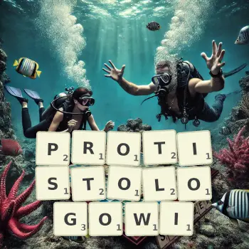 Kreatywna ilustracja do gry w Scrabble ze słowem PROTISTOLOGOWI ułożonym z płytek na planszy.