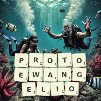 Kreatywna ilustracja do gry w Scrabble ze słowem PROTOEWANGELIO ułożonym z płytek na planszy.