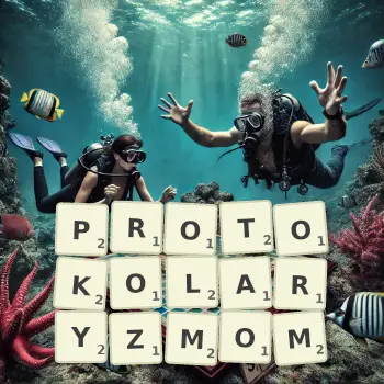 Kreatywna ilustracja do gry w Scrabble ze słowem PROTOKOLARYZMOM ułożonym z płytek na planszy.