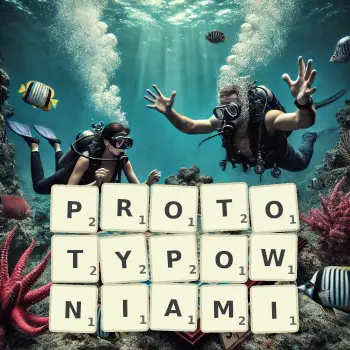 Kreatywna ilustracja do gry w Scrabble ze słowem PROTOTYPOWNIAMI ułożonym z płytek na planszy.