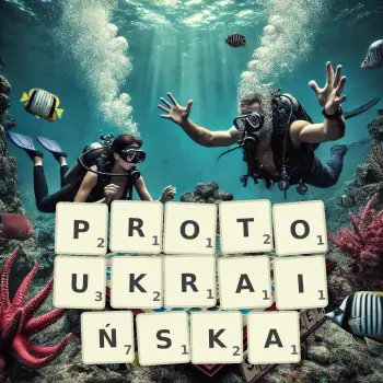 Kreatywna ilustracja do gry w Scrabble ze słowem PROTOUKRAIŃSKA ułożonym z płytek na planszy.