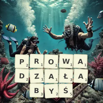 Kreatywna ilustracja do gry w Scrabble ze słowem PROWADZAŁABYŚ ułożonym z płytek na planszy.