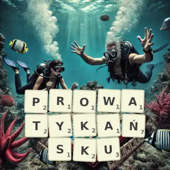 Kreatywna ilustracja do gry w Scrabble ze słowem PROWATYKAŃSKU ułożonym z płytek na planszy.