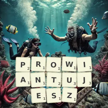 Kreatywna ilustracja do gry w Scrabble ze słowem PROWIANTUJESZ ułożonym z płytek na planszy.