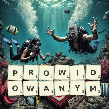 Kreatywna ilustracja do gry w Scrabble ze słowem PROWIDOWANYM ułożonym z płytek na planszy.