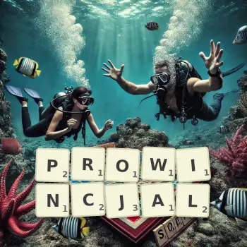 Kreatywna ilustracja do gry w Scrabble ze słowem PROWINCJAL ułożonym z płytek na planszy.