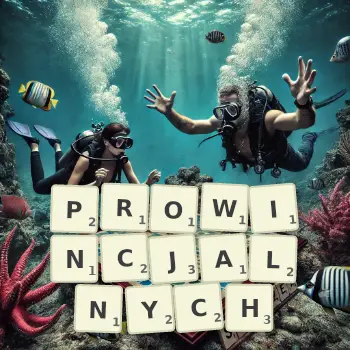 Kreatywna ilustracja do gry w Scrabble ze słowem PROWINCJALNYCH ułożonym z płytek na planszy.