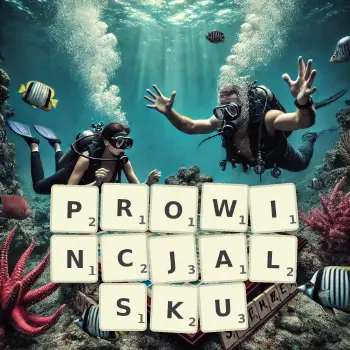 Kreatywna ilustracja do gry w Scrabble ze słowem PROWINCJALSKU ułożonym z płytek na planszy.