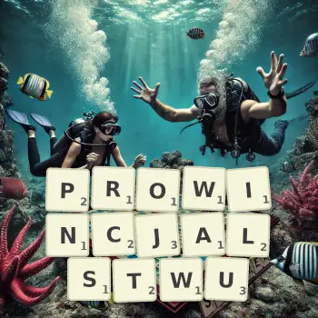Kreatywna ilustracja do gry w Scrabble ze słowem PROWINCJALSTWU ułożonym z płytek na planszy.
