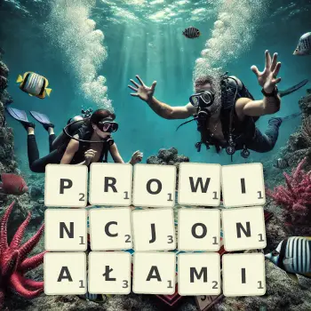 Kreatywna ilustracja do gry w Scrabble ze słowem PROWINCJONAŁAMI ułożonym z płytek na planszy.