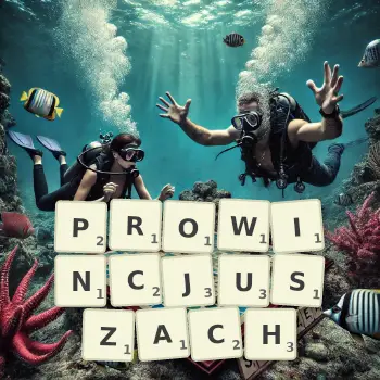 Kreatywna ilustracja do gry w Scrabble ze słowem PROWINCJUSZACH ułożonym z płytek na planszy.