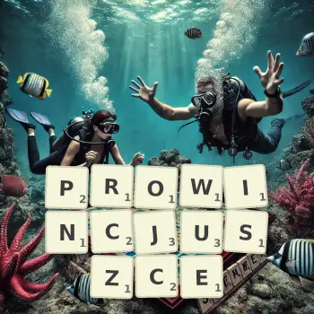 Kreatywna ilustracja do gry w Scrabble ze słowem PROWINCJUSZCE ułożonym z płytek na planszy.
