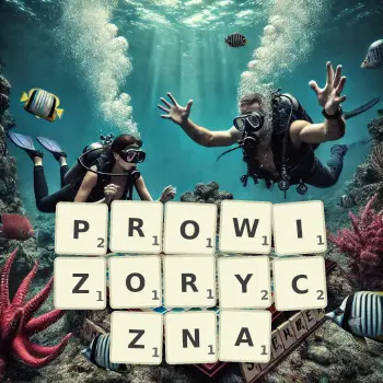 Kreatywna ilustracja do gry w Scrabble ze słowem PROWIZORYCZNA ułożonym z płytek na planszy.